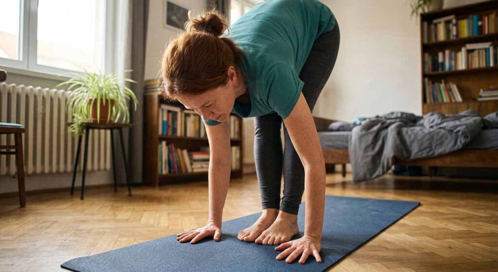 Detailný záber na ryšavú pehavú ženu v hlbokom predklone s rukami aj nohami na modrej karimatke v presvetlenom byte. Ilustrácia rituálu mikro-pohybu pre jarný mikro-reset a rannú energiu na portáli EXPOST.sk.