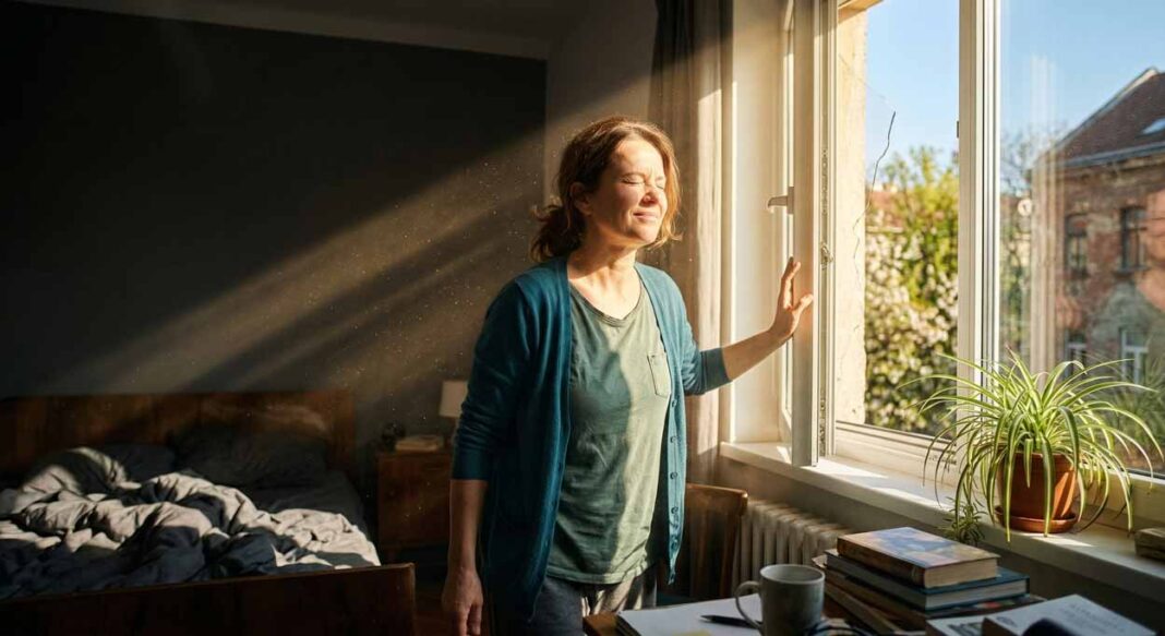 ena vychádza zo zatemnenej izby k otvorenému oknu a s privretými očami si vychutnáva prvé teplé jarné slnečné lúče. V silnom svetle je vidieť jemne poletujúci prach, čo ilustruje jarný mikro-reset, načerpávanie energie a návrat k duševnej rovnováhe na EXPOST.sk.