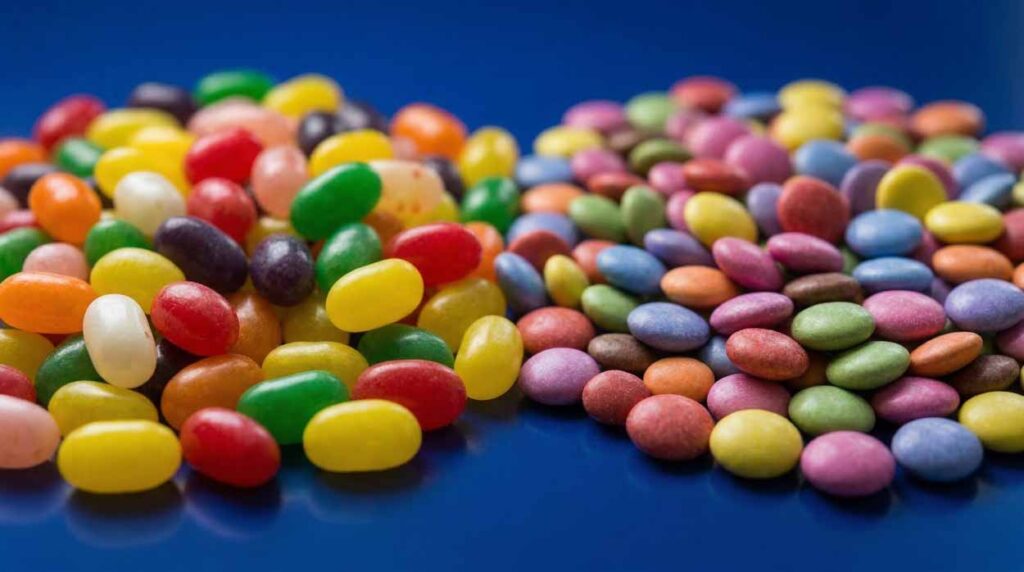Detailný záber na pestrofarebné cukríky jelly beans a lentilky na modrom pozadí – vysvetlenie pre bod slasti a prečo neviem prestať jesť sladké.