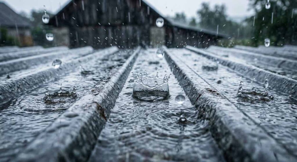 Detailný fotorealistický záber na veľké kvapky dažďa dopadajúce na vlnitý plech strechy počas búrky.