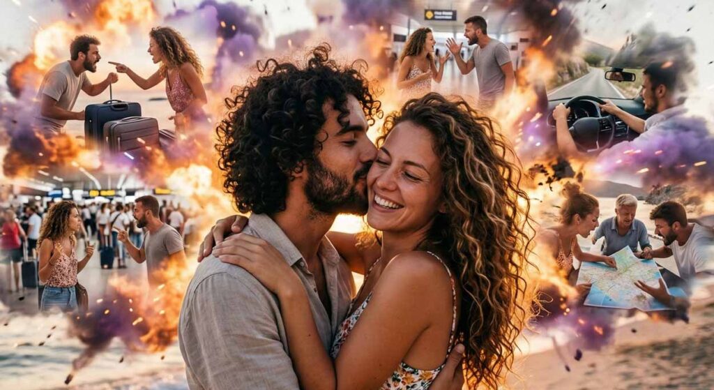 Kríza vo vzťahu: Detailný záber zamilovaného kučeravého páru, ktorý sa bozkáva na pláži, zatiaľ čo v pozadí sú v conceptualných explóziách vykreslené hádky, stres z navigácie a napätie z dovolenky, znázorňujúci test vzťahu a silu citov na EXPOST.sk.