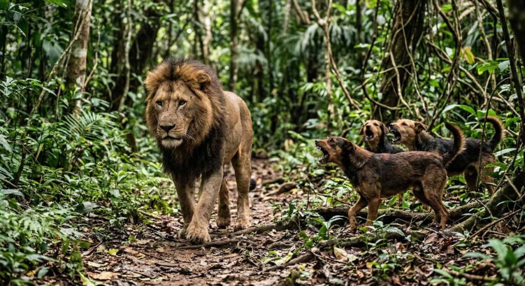 Fotorealistický dokumentárny záber leva, ktorý pokojne kráča vpred cez hustú džungľu, zatiaľ čo naňho z okraja cesty agresívne šteká trojica psov. Vizuálne znázornenie citátu „Lev sa neotáča, keď pes šteká“ v kontexte ignorovania ohovárania a zachovania si vlastnej úrovne na EXPOST.sk.