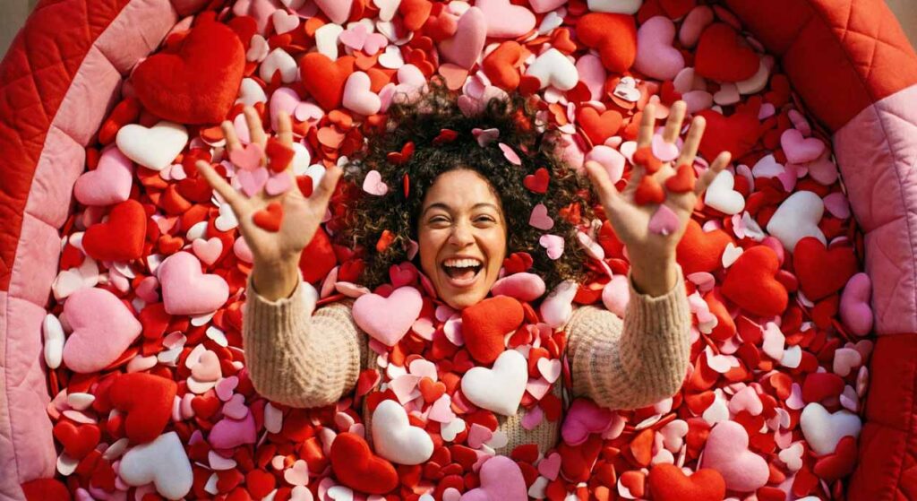Pohľad zhora na ženu v extáze, ktorá sa topí v mori červených a ružových srdiečok, metafora pre chemickú závislosť a eufóriu počas fázy love bombingu.
