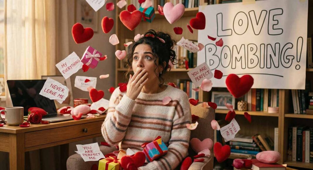 Mladá žena v šoku pod záplavou lietajúcich srdiečok, darčekov a lístkov s vyznaniami, ilustrujúca psychologický jav love bombing a intenzívnu manipuláciu narcisom na začiatku vzťahu.