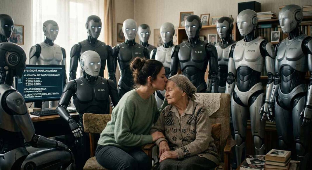 Mladá žena bozkáva starú mamu na čelo v domácom prostredí, obklopená radom bezemočných, sivých robotov umelej inteligencie, ktorí scénu pozorujú ako dáta.