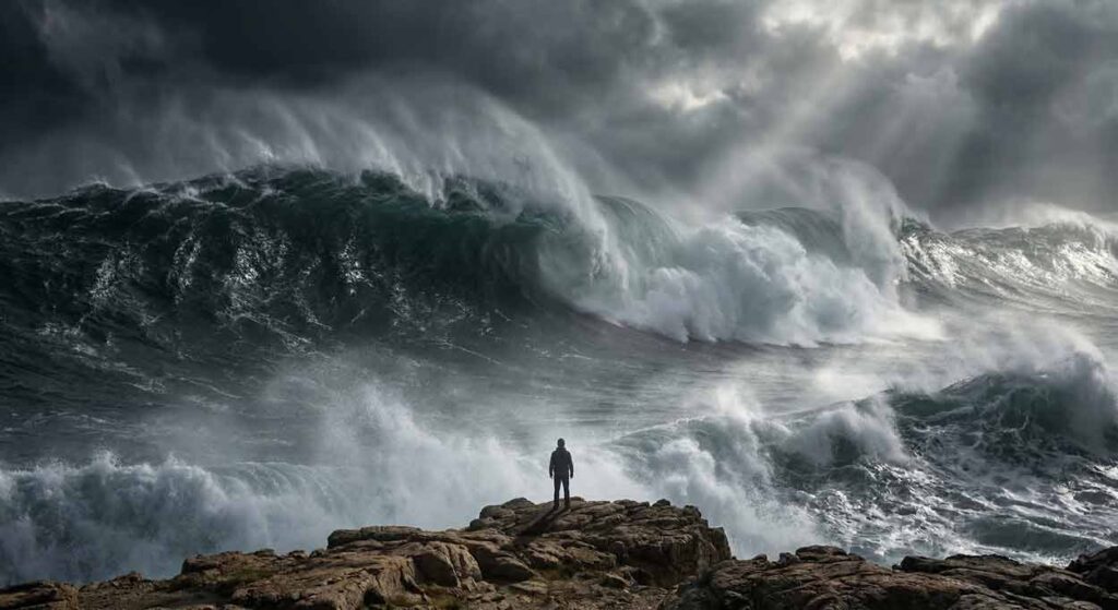 Malá postava človeka stojí na skalnatom pobreží pred gigantickou, kolosálnou oceánskou vlnou, s obrovským útesom v pozadí pod tmavou, dramatickou oblohou.