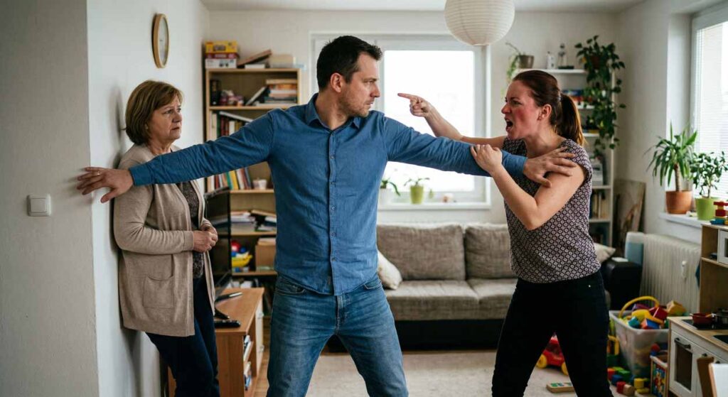 Manžel rozdeľuje hádajúcu sa svokru a nevestu v obývačke, muž medzi dvoma ženami.