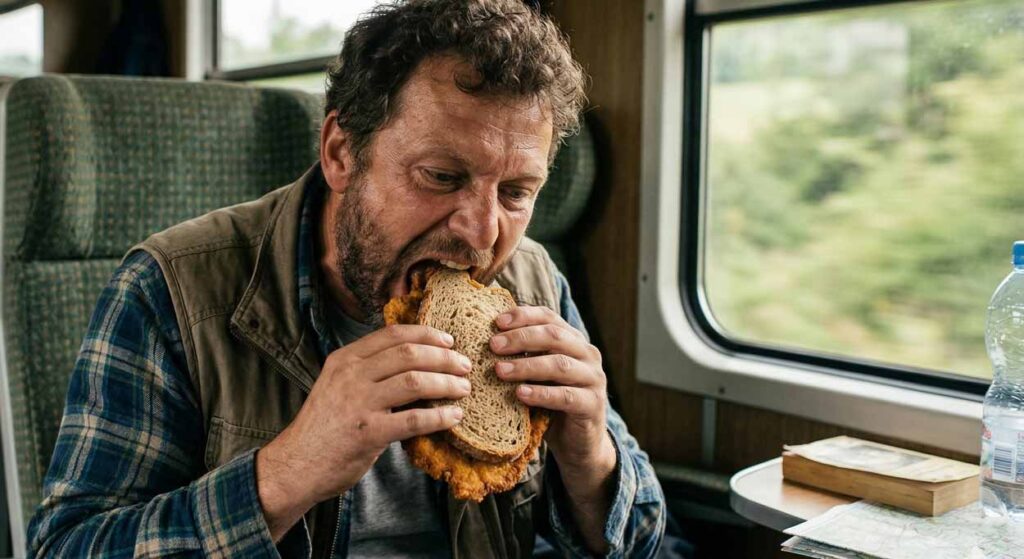 Polodetailný záber na hladného cestovateľa v kupé vlaku, ktorý s doširoka otvorenými ústami a obrovskou chuťou zahryzáva do veľkého rezňa vloženého medzi dva krajce chleba. Muž v bunde a károvanej košeli drží jedlo pevne oboma rukami, akoby to bolo jeho posledné sústo. V pozadí je vidieť interiér vlaku so zelenými sedadlami, okno s ubiehajúcou krajinou a na stolíku položenú mapu, knihu a fľašu vody.