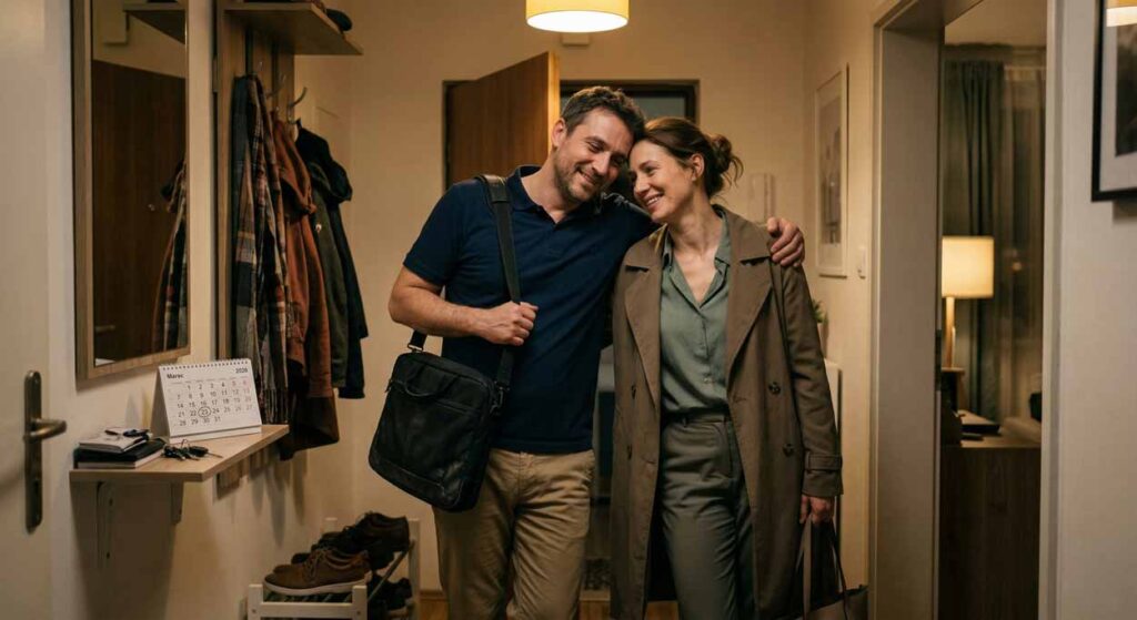 Vyčerpaný manželský pár sa o seba opiera pri príchode domov z práce v predsieni bytu, ilustrácia pre únavu z rozhodovania a jej vplyv na partnerské vzťahy.