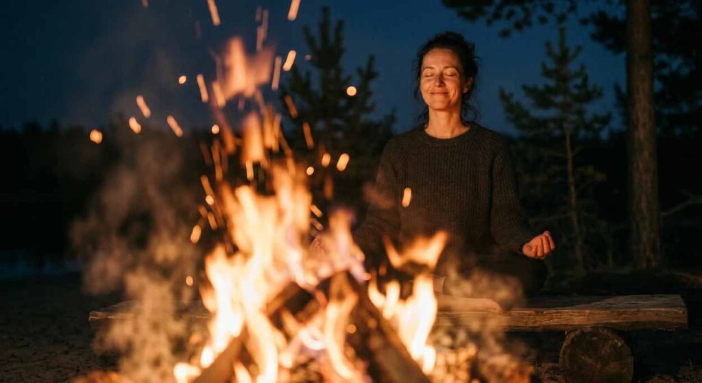 Žena v hlbokej meditácii pri praskajúcom ohni počas večera, rozmazané plamene v popredí a ostrý portrét pokojnej tváre v pozadí, vizualizácia psychohygieny a digitálneho detoxu.