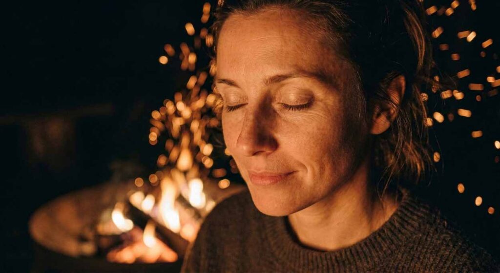 Detailný záber na tvár ženy v hlbokej meditácii pri ohnisku, osvetlenej teplým jantárovým svetlom plameňov s lietajúcimi iskrami, symbolizujúci digitálny detox a vnútorný pokoj pre EXPOST.sk.