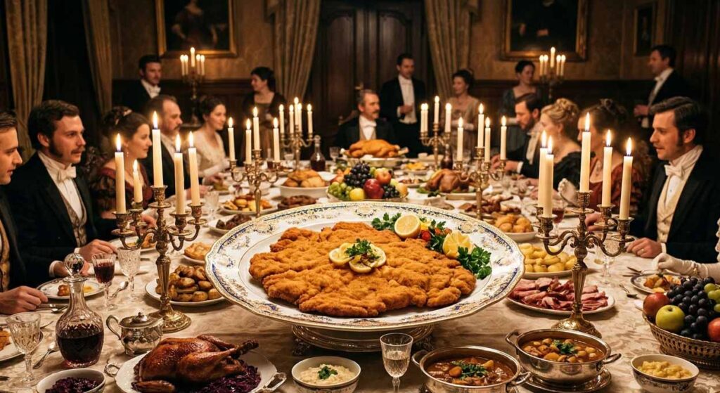 Honosná meštianska hostina v 19. storočí so slávnostne prestretým stolom zaliatym teplým svetlom vysokých sviečok v strieborných svietnikoch. Uprostred stola na veľkom ozdobnom podnose dominuje obrovský, dozlatista vypražený a dokonale chrumkavý rezeň (Schnitzel) ozdobený plátkami citróna, pôsobiaci ako „Svätý grál“ celého stolovania. Okolo sedí spoločnosť v dobových oblekoch a čipkovaných šatách, pričom stôl je plný ďalších jedál, pečeného mäsa, ovocia a vína v krištáľových karafách.