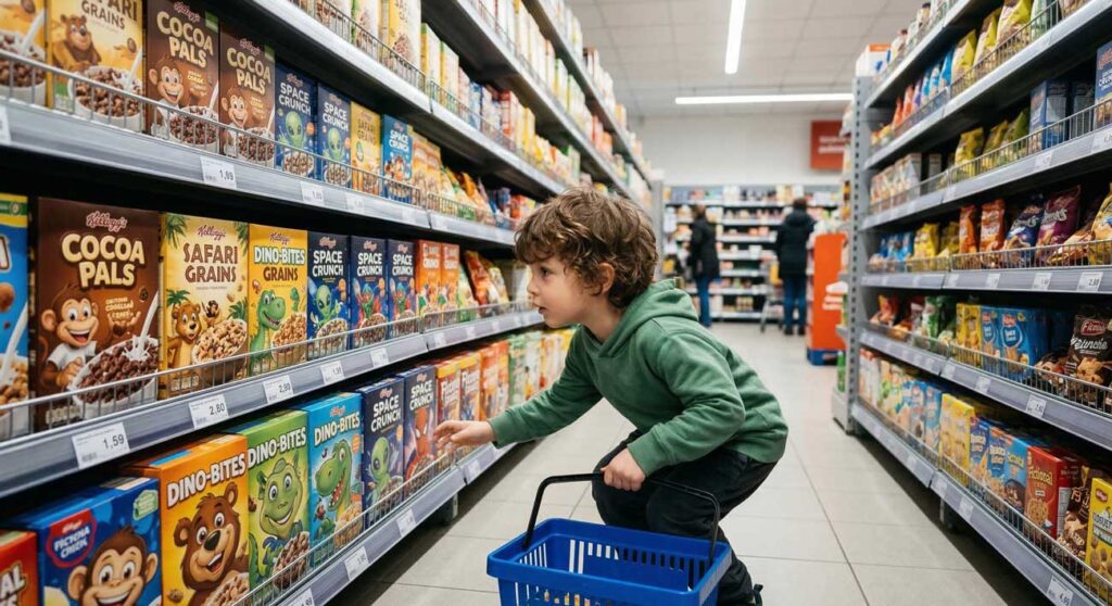 Dieťa v obchode si prezerá plné regály, pričom oči kreslených postavičiek a portrétov na obaloch v dolných poličkách nadväzujú očný kontakt a zdajú sa hovoriť "Vezmi si mňa!".