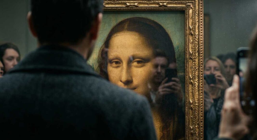 Detailný pohľad na portrét Mony Lisy v galérii, ktorej oči smerujú priamo na diváka v popredí, čo vysvetľuje optickú ilúziu sledujúcich očí.