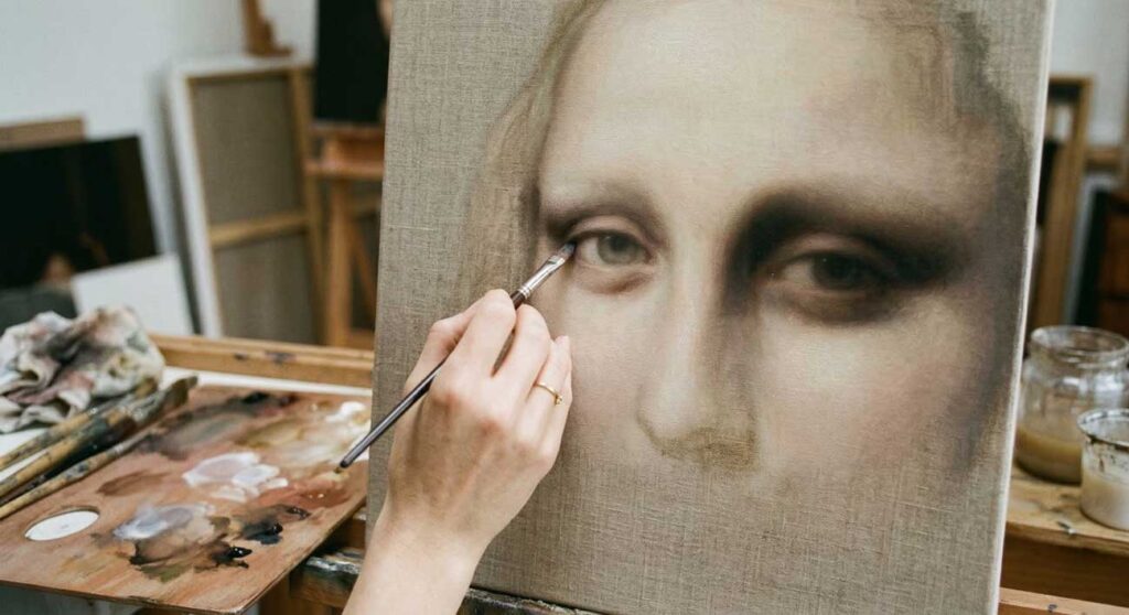 Umelcova ruka so štetcom nanáša detailný, jemný ťah farby na pravé oko na plátne s portrétom Mony Lisy, čím ilustruje techniku sfumato a priamy pohľad, ktorý vytvára optickú ilúziu známu ako Mona Lisa efekt.