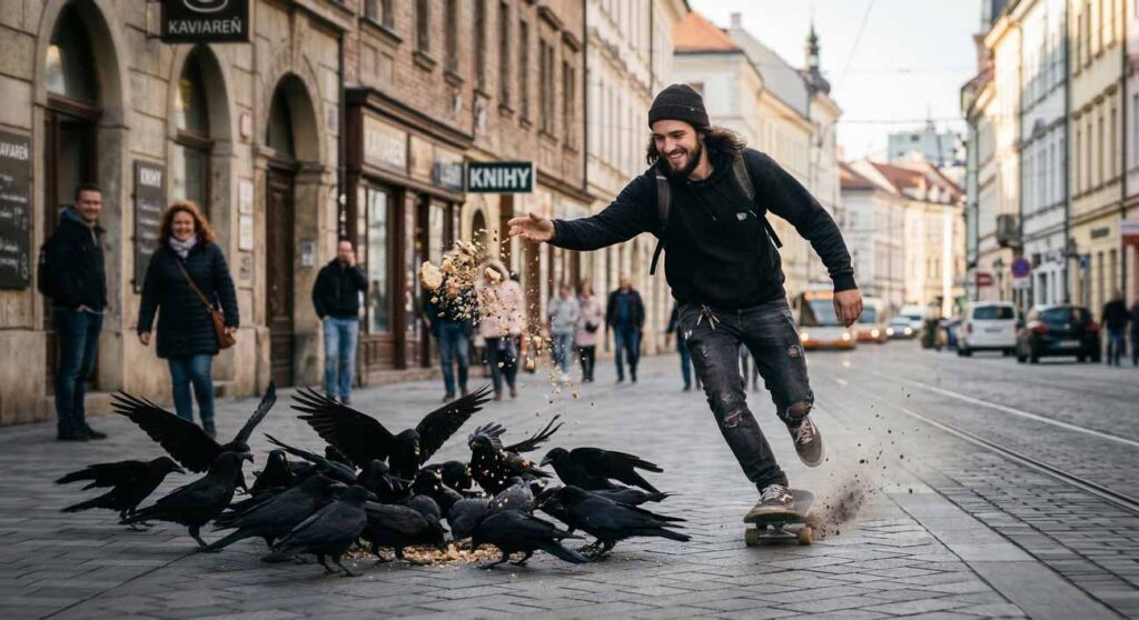 Dynamický záber na usmiateho mladého muža s bradou a v čiernej mikine, ktorý jazdí na skateboarde po dláždenej historickej ulici. Počas jazdy jednou rukou rozhadzuje krmivo kŕdľu čiernych havranov, ktorí sa zleteli na zem pred ním. V pozadí sú viditeľné historické budovy s vývesnými štítmi „Kaviareň“ a „Knihy“ a rozmazané postavy chodcov.