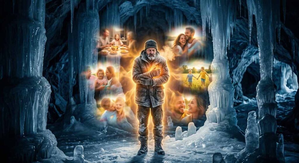 Umelecká vizualizácia muža stojaceho uprostred mrazivej modrej ľadovej jaskyne, ktorý vyžaruje intenzívnu zlatistú žiaru. Táto žiara je tvorená levitujúcimi holografickými útržkami šťastných spomienok na rodinu a blízkych. Obraz ilustruje psychologický koncept nostalgie ako mechanizmu prežitia a štítu proti stresu pre portál expost.sk.