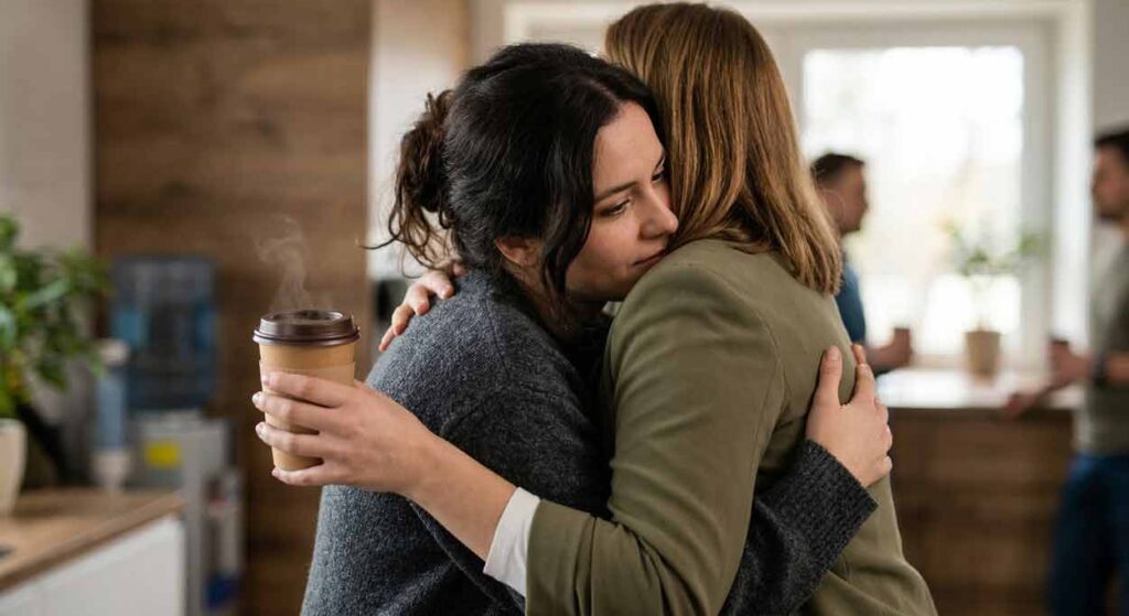 Dve ženy v pevnom objatí, pričom jedna z nich drží v ruke papierový pohár s horúcou, pariacou sa kávou.