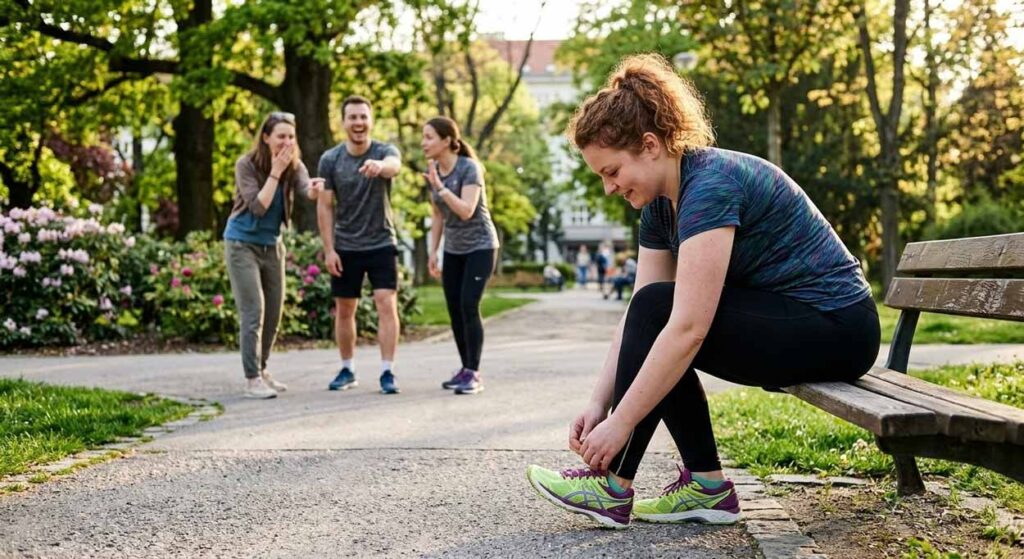 Žena v športovom oblečení sedí na lavičke v parku a zaväzuje si šnúrky na bežeckej teniske. V druhom pláne stojí trojica mladých ľudí (dve ženy a muž), ktorí sa na ňu pozerajú, posmievavo ukazujú prstom, smejú sa a gestikulujú, čo naznačuje ohováranie a toxicitu v rozhovoroch na EXPOST.sk. Prostredie je park pri západe slnka s rozkvitnutými kríkmi a stromami.