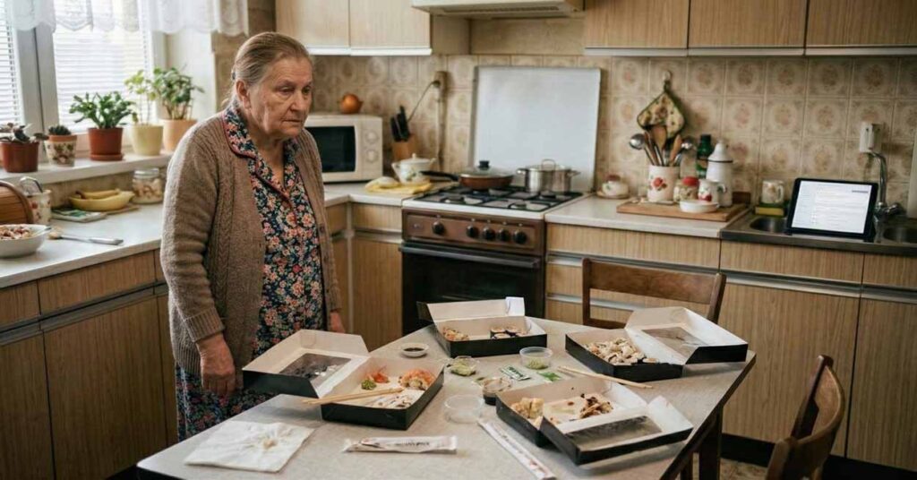 Smutný a emotívny záber na staršiu babičku v kvetovanej zástere, ktorá osamelo stojí v starej kuchyni pri linke. Na stole pred ňou sú rozhádzané prázdne a polootvorené papierové krabičky od sushi z donášky, plastové obaly a paličky. Kuchyňa je inak prázdna, stoličky sú odsunuté, čo evokuje, že rodina si vzala jedlo do svojich izieb k obrazovkám a babička ostala sama. Babička má v tvári výraz nepochopenia a tichého smútku, keď tupo pozerá na zvyšky moderného jedla na stole, ktoré nahradilo jej tradičný nedeľný rituál.