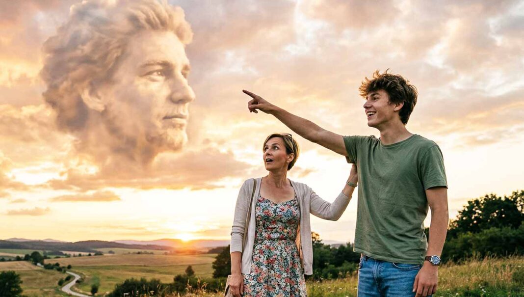 Syn ukazuje mame na oblohu s mrakmi v tvare obrovskej ľudskej tváre, názorná ukážka psychologického javu pareidólia a vnímania vzorov.