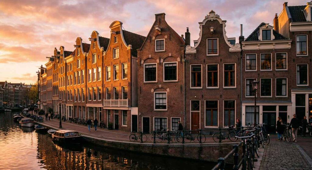 Historické domy v Amsterdame pri západe slnka, ktorých okná a dvere vytvárajú výrazné ľudské tváre, ilustrujúce jav pareidólia v architektúre.