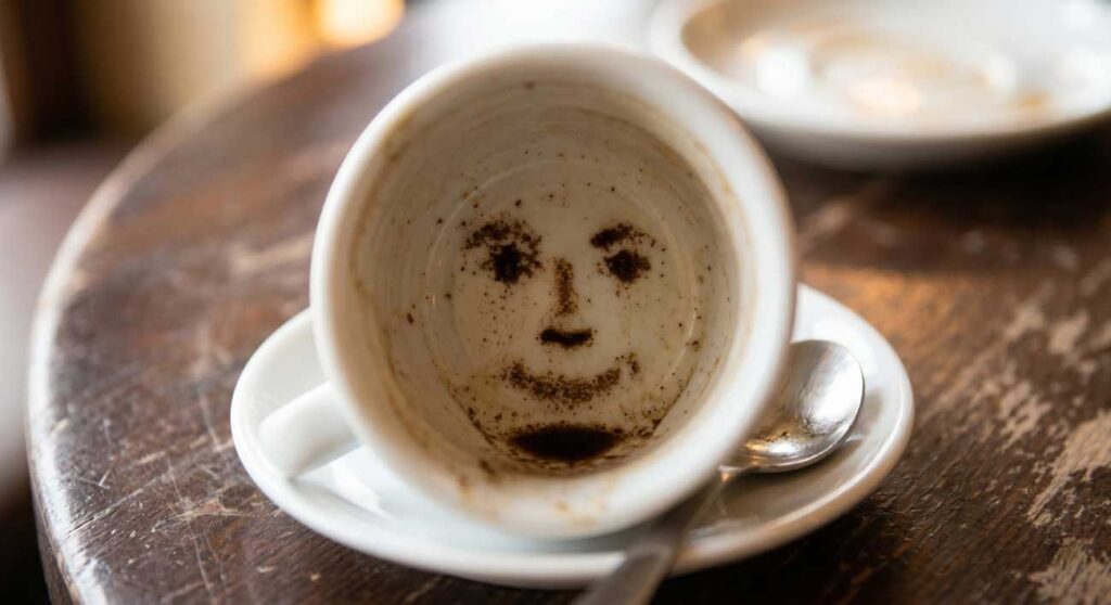 Detailný záber na dno bielej šálky, kde jemné ostrovčeky kávovej usadeniny prirodzene vytvárajú decentný tvar ľudskej tváre, ilustrujúc psychologický fenomén pareidólia.