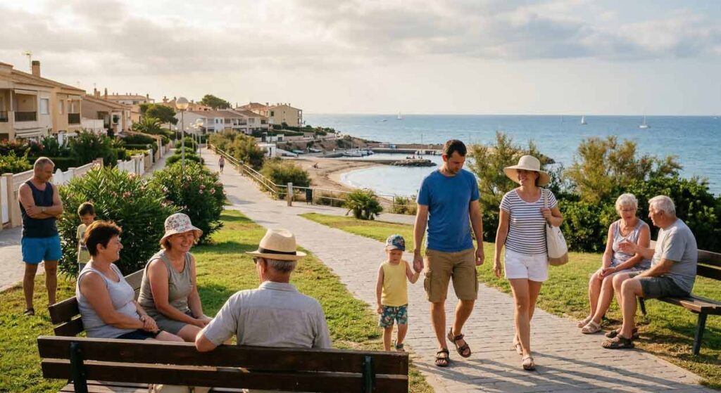 Pokojná scéna v prímorskej štvrti, kde sa ľudia v letnom oblečení a klobúkoch prechádzajú a relaxujú na lavičkách s výhľadom na azúrové more s plachetnicami v pozadí.
