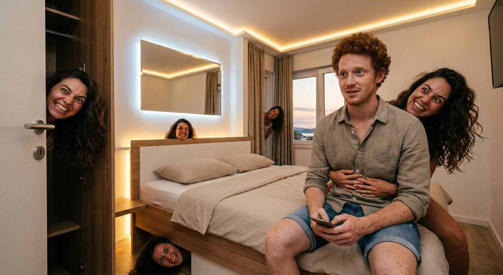 Satirický a absurdný záber v apartmáne, kde na ryšavého muža sediaceho na posteli vykúka hlava partnerky z každého kúta izby – zo skrine, spod postele aj z plafóna, znázorňujúci stratu súkromia a ponorkovú chorobu na dovolenke.