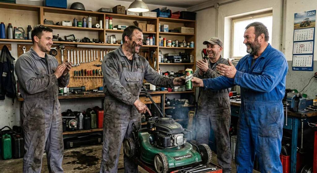 Pracujúci muž zašpinený od oleja vo svojej dielni s hrdosťou ukazuje opravenú kosačku trom ďalším mužom v monterkách. Skupina priateľov nadšene tlieska a jeden z nich mu podáva pivo ako odmenu za dobre odvedenú prácu. Ilustrácia skutočnej mužskej hodnoty, spolupráce a zmysluplného trávenia času na EXPOST.sk.