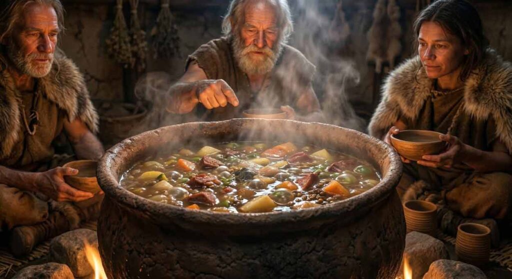 Detailný pohľad na bublajúci pokrm v historickej keramickej nádobe nad ohňom, okolo ktorej sedia naši predkovia v príbytku počas daždivého dňa.