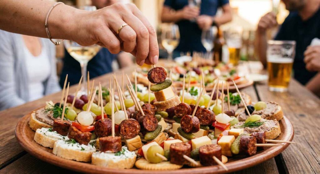 Detail ruky berúcej jednohubku s klobásou z plného taniera – názorná ukážka toho, prečo jem bez hladu a neviem prestať jesť na oslavách