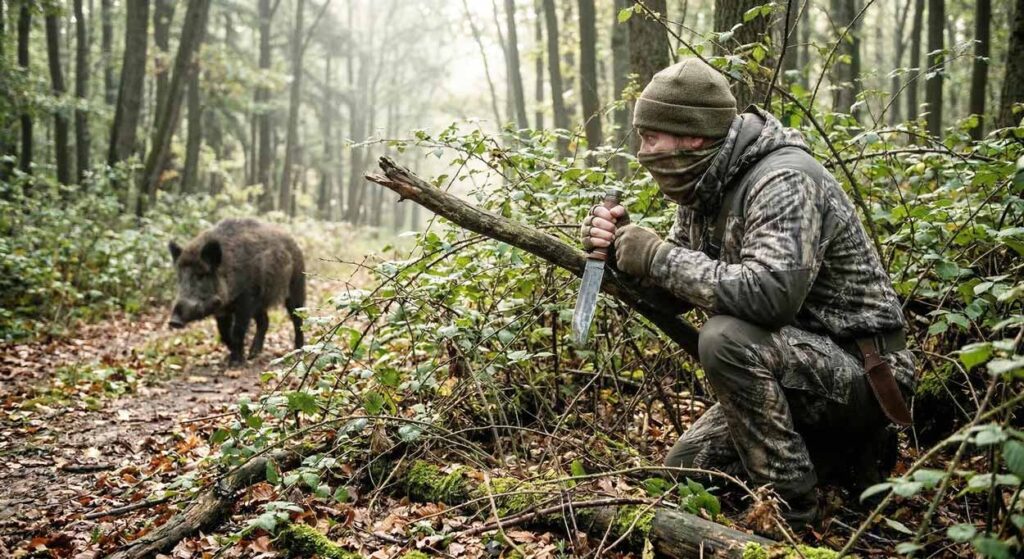 Lovec s nožom striehne na diviaka v hustom lese, ilustrujúc dôležitosť zamerania zraku a tichej chôdze vpred pri prežití.