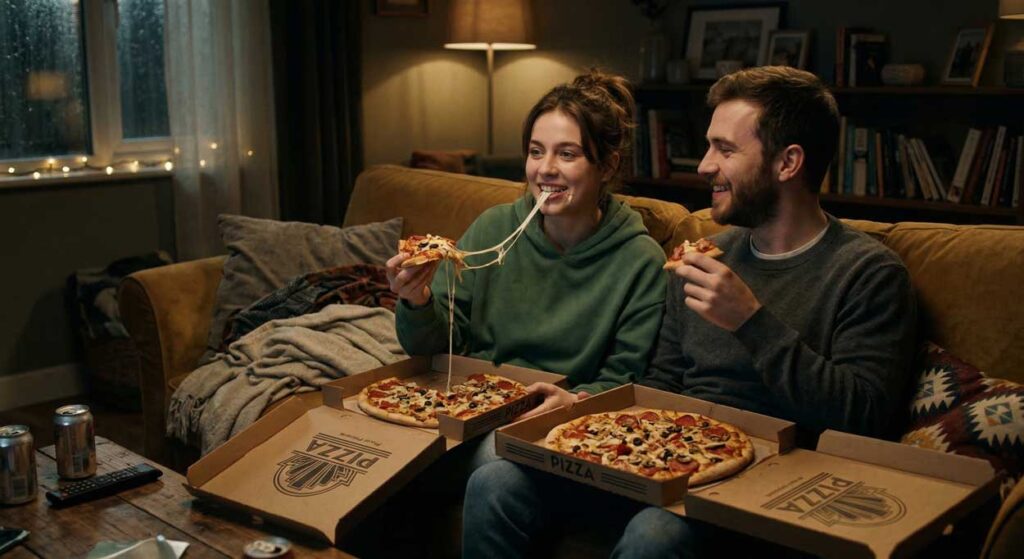 Mladý pár na gauči pri dvoch pizzách so strečujúcim sa syrom – ilustrácia pre tému prečo neviem prestať jesť večer a ako funguje únava vôle.