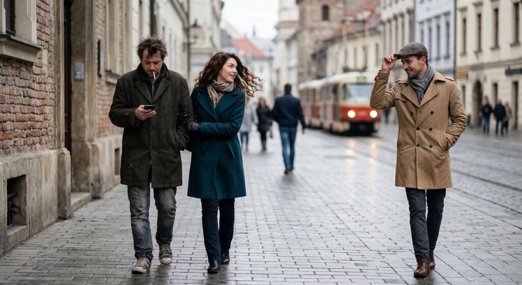 Realistický záber muža ignorujúceho svoju manželku na ulici, zatiaľ čo ona s úsmevom reaguje na kompliment od iného muža; vizuálne znázornenie nedostatku pozornosti vo vzťahu ako spúšťača nevery.