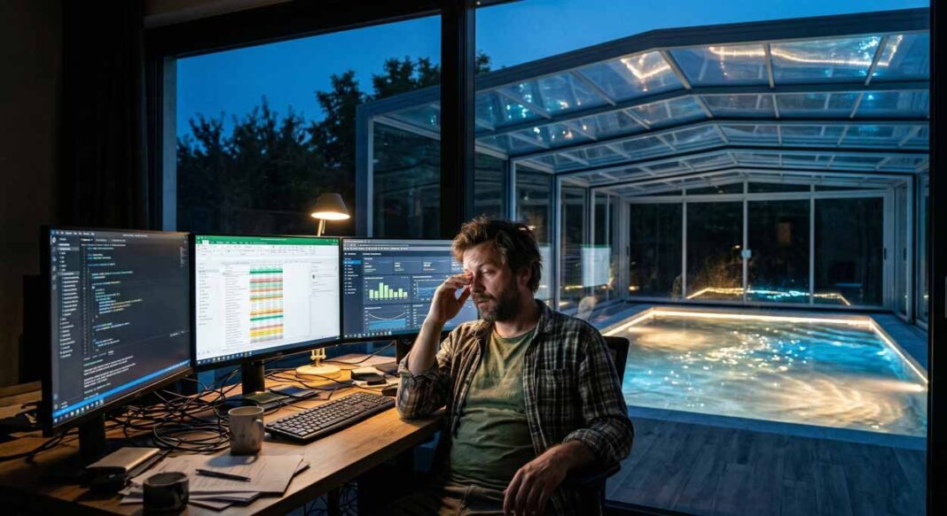 Unavený a preťažený 36-ročný muž, sediaci za troma monitormi počítača, si trie oko. V pozadí je cez veľké sklo vidieť moderné **zastrešenie bazéna** s vnútorným osvetlením a krytý **bazén**, ktorý ho láka svojimi odleskami vody počas stmievania. Ilustrácia pre **duševné zdravie**, ponorkovú chorobu a potrebu **relaxu** na EXPOST.sk.