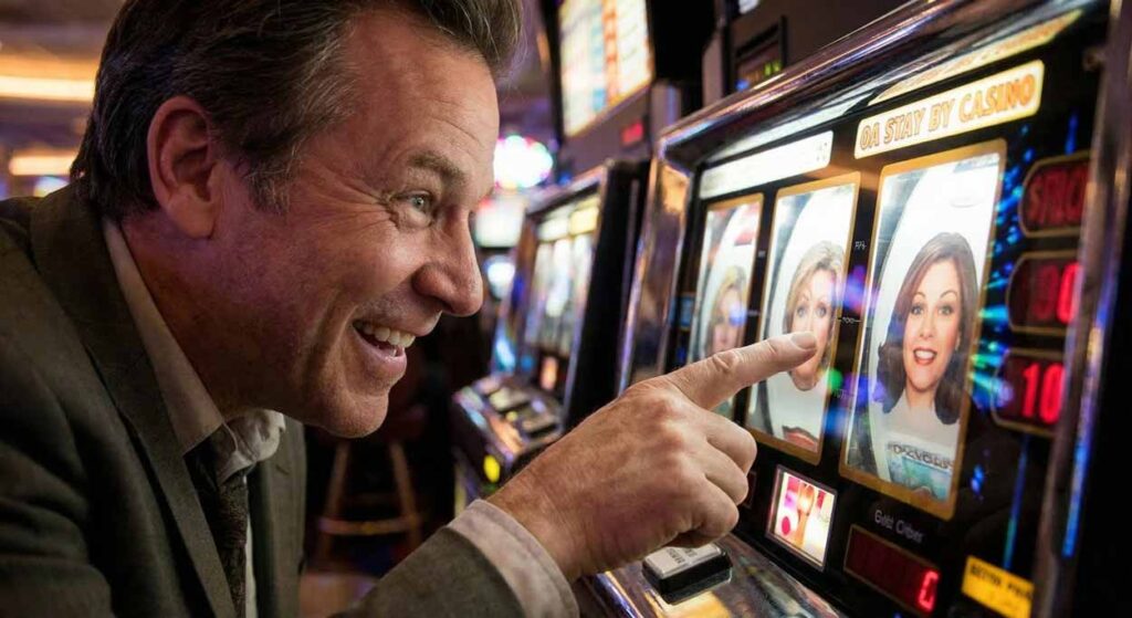Metafora dopamínového rauša pri nevere: Muž v kasíne nadšene ukazuje na hrací automat, kde sú namiesto symbolov ovocia tváre žien.
