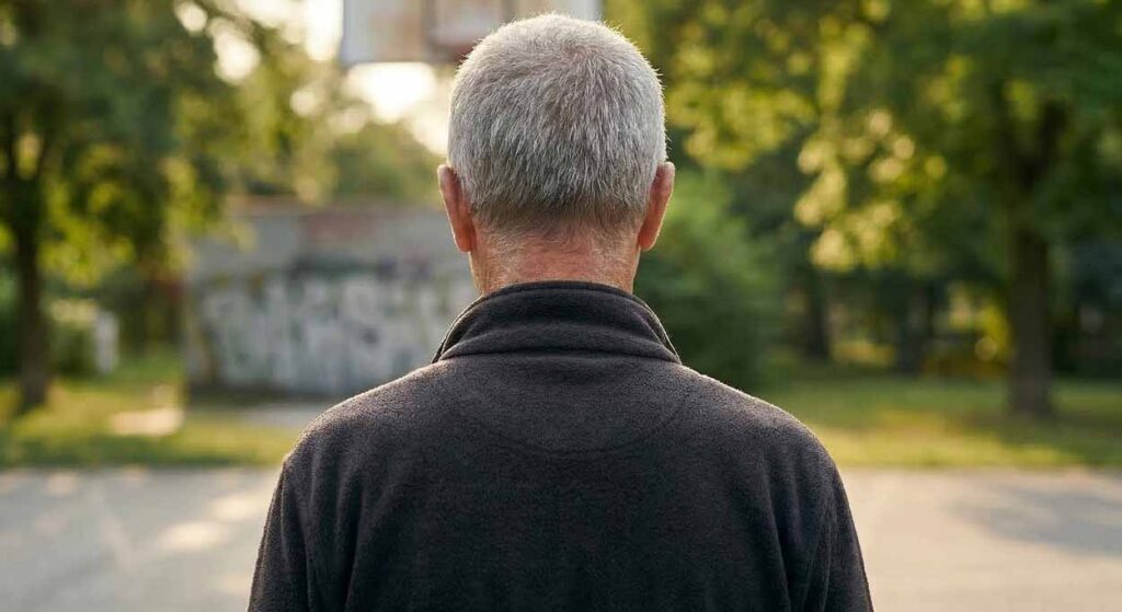 Detailný pohľad na zátylok seniora v parku, ktorý sa sústredí na chôdzu dozadu a aktiváciu mozgových centier rovnováhy.