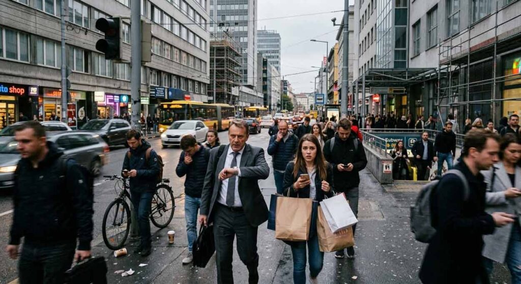 Preplnená uličná scéna počas večernej špičky. Muž v tmavom obchodnom obleku si kontroluje hodinky počas chôdze vedľa mladej ženy so stresovaným výrazom, ktorá sa pozerá do telefónu a drží nákupné tašky. Chodník je plný ľudí a na ulici sú autá a žlté autobusy v premávke. Pozadie tvoria budovy pod zamračenou oblohou.