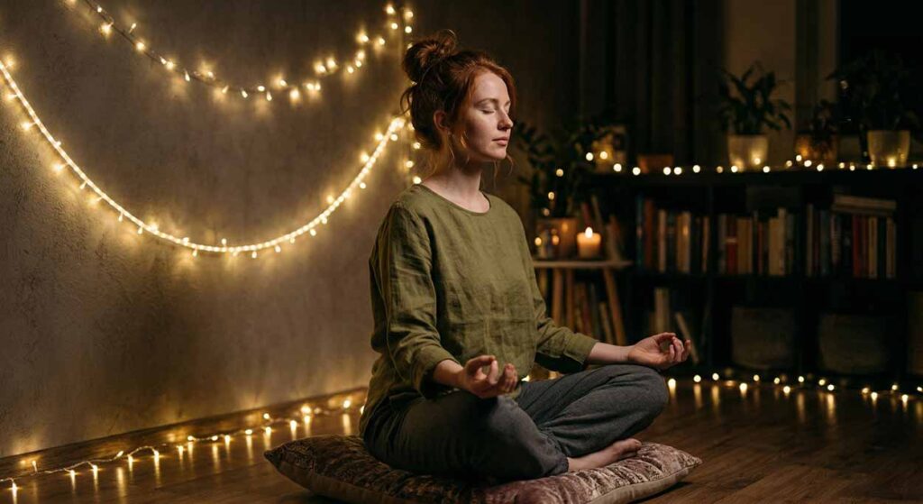 Ryšavá žena sedí v jogovej póze turecký sed na dlážke, oči má zatvorené, ruky v mudre na kolenách. Pokojná tma v miestnosti s visiacimi LED svetielkami a policami s knihami. Meditácia, uvoľnenie, sebaregulácia.