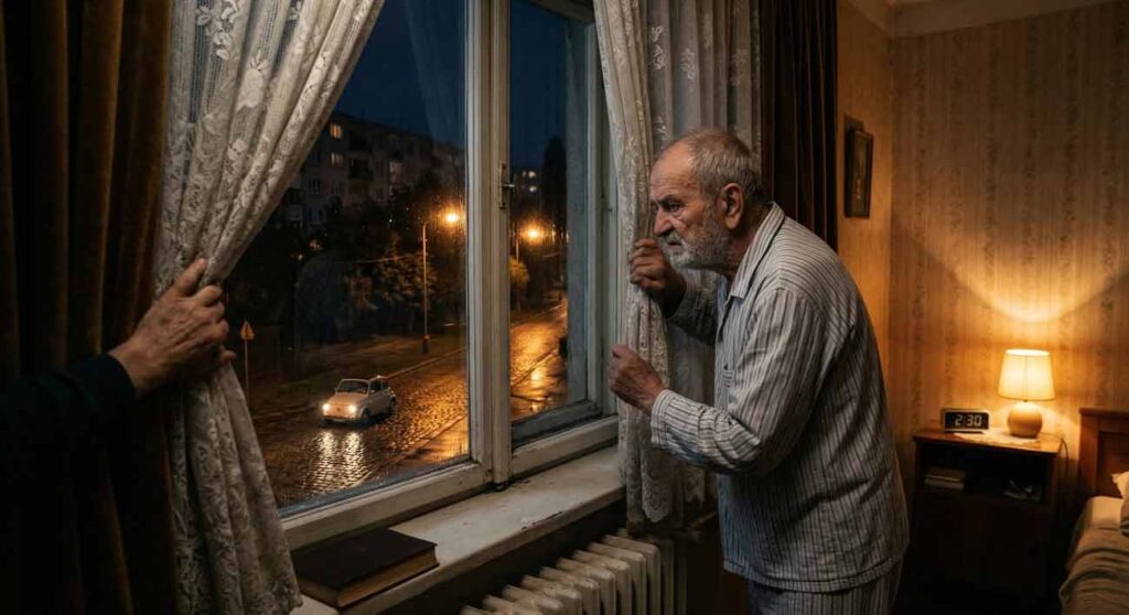 Nahnevaný starší muž v pyžame sa pozerá cez záves na malé auto na nočnej ulici, ktoré ho prebudilo z plytkého spánku.