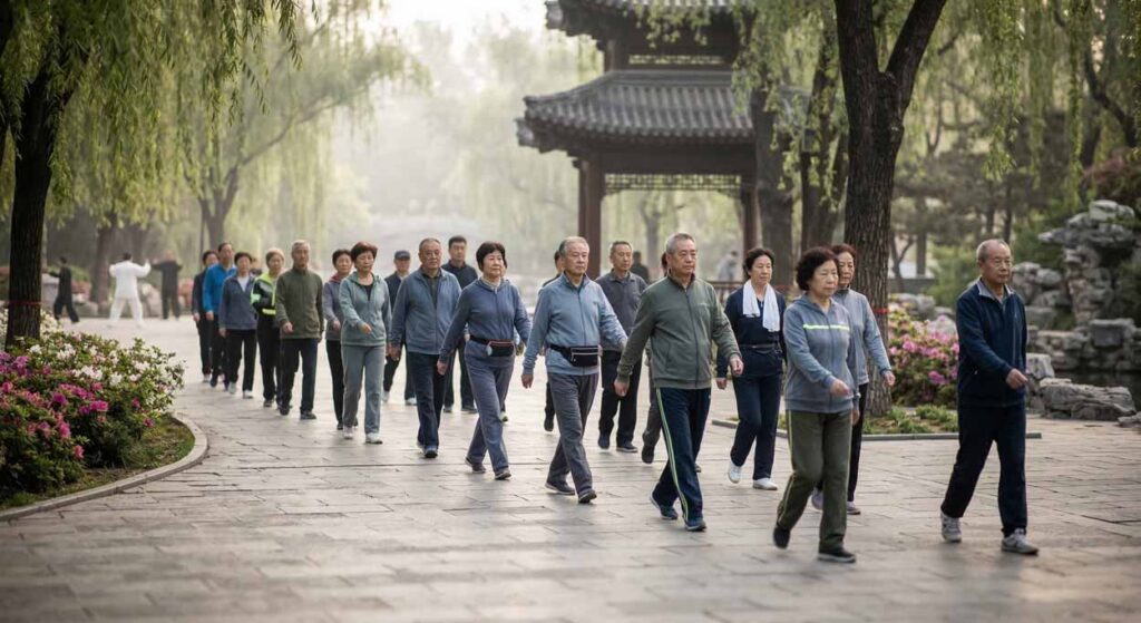 Skupina čínskych seniorov v pekingskom parku disciplinovane praktizuje retro walking (chôdzu dozadu) pre zdravé kĺby.