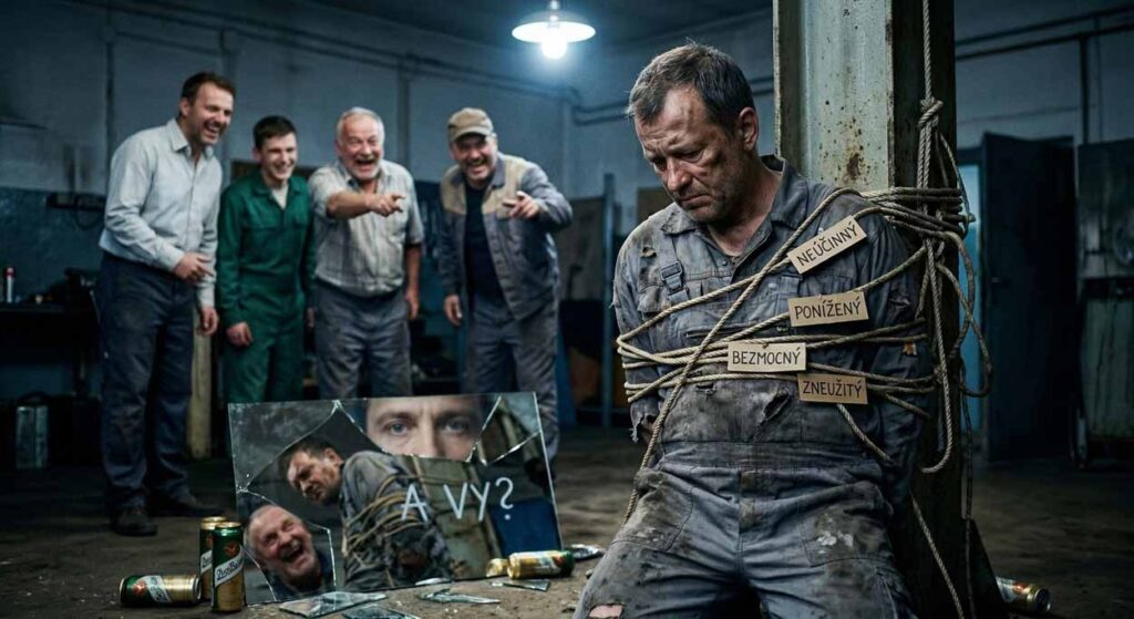 Muž v špinavom oblečení, priviazaný šnúrami k stĺpu v tmavej priemyselnej šatni, s výrazom hlbokého zahanbenia a bezmocnosti. Okolo neho stoja iní kolegovia, ktorí sa na ňom rehocú a ukazujú prstom, čo naznačuje šikanu na pracovisku. V popredí na zemi leží rozbité zrkadlo, v ktorom sa obeť vidí v ponižujúcej póze, zatiaľ čo iný úlomok sa odrážajú oči čitateľa s textom: „A VY?“. Ilustrácia neviditeľných dopadov toxicity v rozhovoroch a šikany na EXPOST.sk.