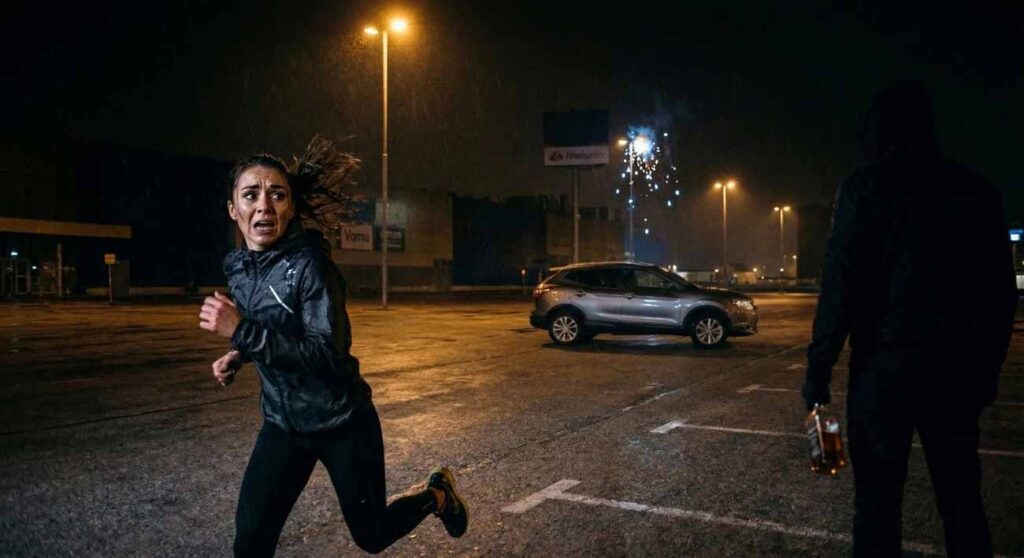Vystrašená žena beží po tmavom nočnom parkovisku, čo ilustruje silu intuície a psychológiu prežitia v nebezpečnej situácii.