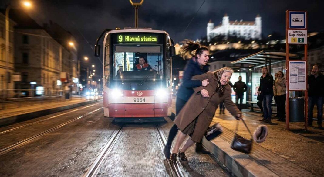 Mladá žena v hrdinskom geste zachraňuje babičku spred prichádzajúcej električky na zastávke Kapucínska v Bratislave. Ide o nereálnu fotografiu a situáciu.