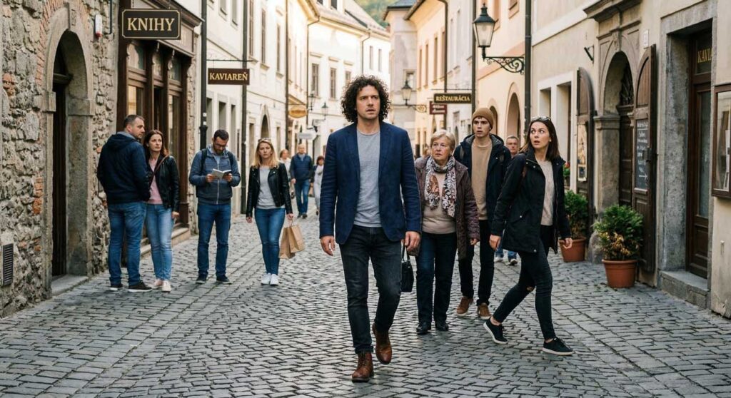 Muž kráča po historickej ulici, kým sa naňho všetci okoloidúci uprene pozerajú, čo ilustruje evolučný pocit ohrozenia a aktiváciu amygdaly pri detekcii viacerých pohľadov naraz.