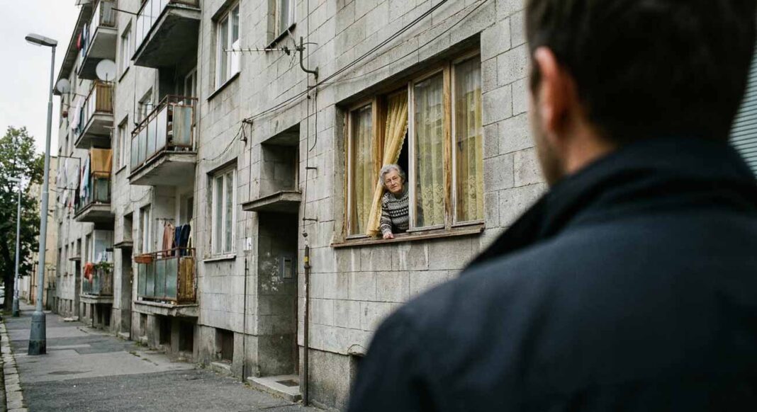 Pohľad cez plece muža v tmavej bunde, ktorý sa pozerá nahor na staršiu sivovlasú ženu vo vzorovanom svetri. Žena sa vykláňa z okna na druhom poschodí starého paneláka, v rukách drží tenkú žltú záclonu a uprene hľadí priamo na muža.