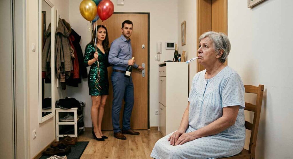 Pár prichádza z párty s balónmi, chorá svokra s teplomerom sedí smutná na stoličke, citové vydieranie.