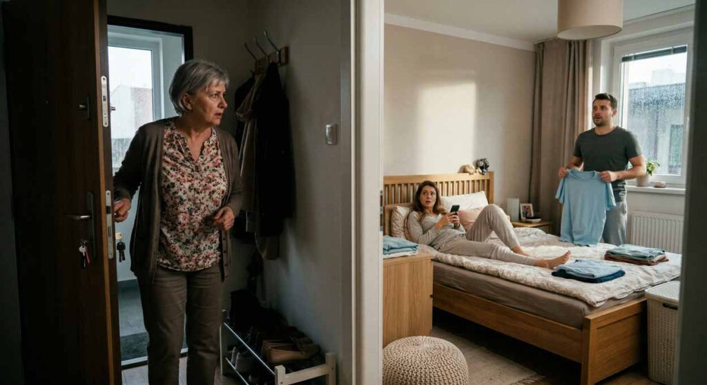 Svokra odomyká dvere a vstupuje do bytu, šokovaný pár v posteli v spálni, narušenie súkromia.
