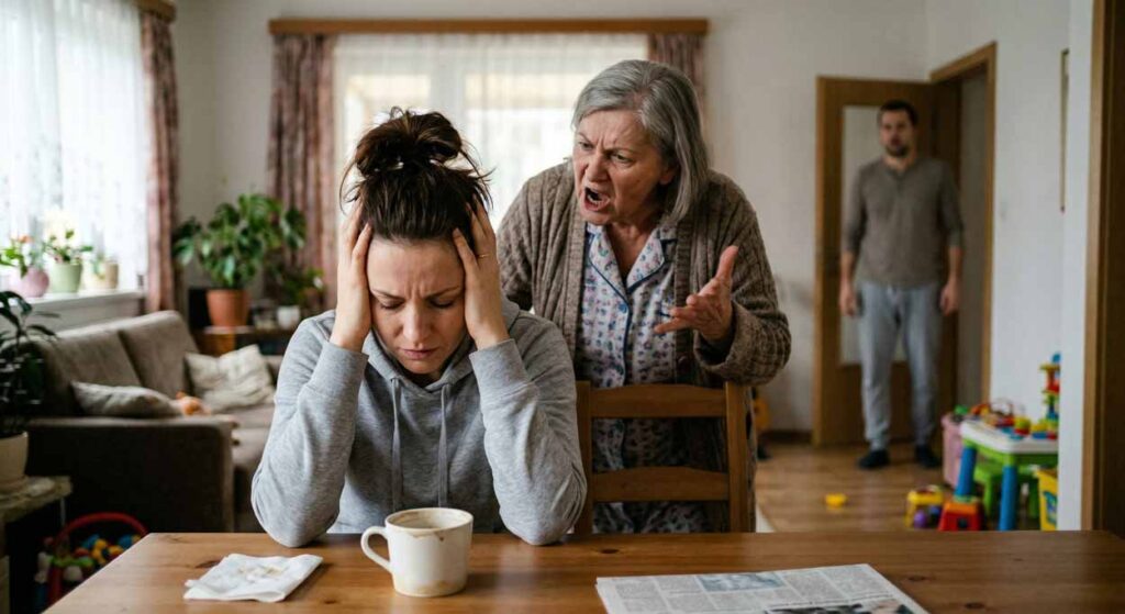Nevesta si drží hlavu v zúfalstve, toxická svokra na ňu kričí v kuchyni, psychický tlak.